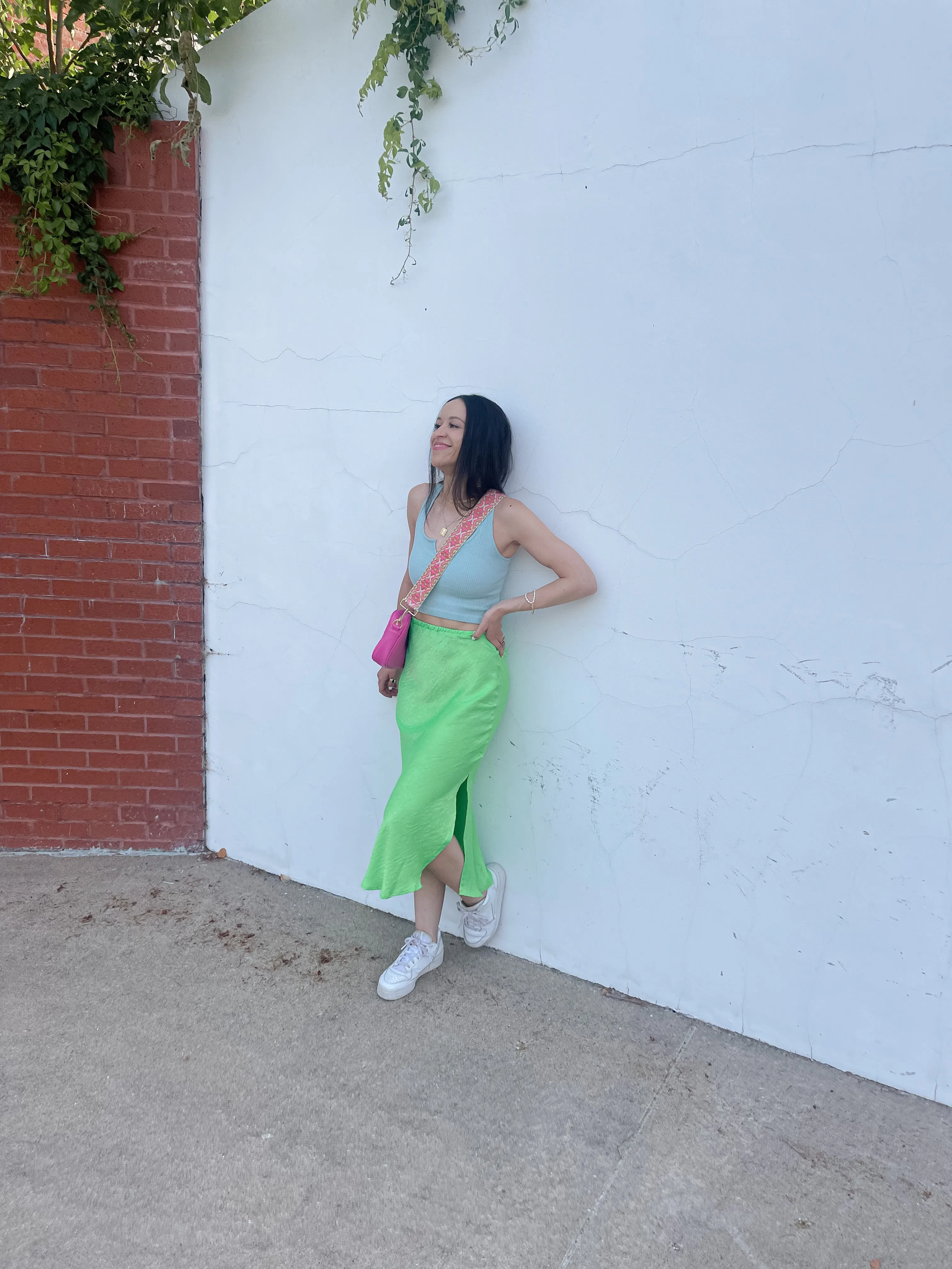 Neon Green Satin Midi Skirt