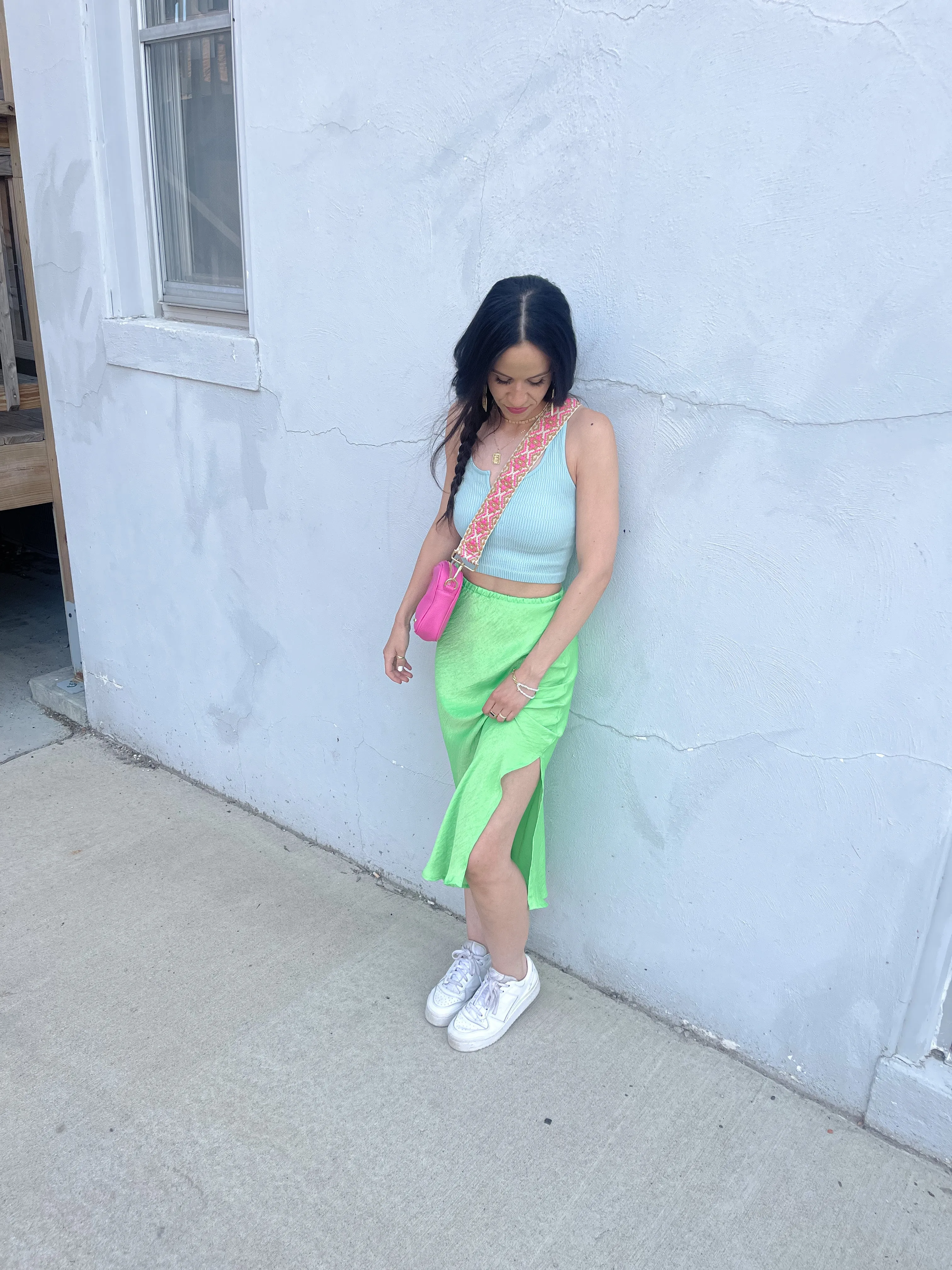 Neon Green Satin Midi Skirt