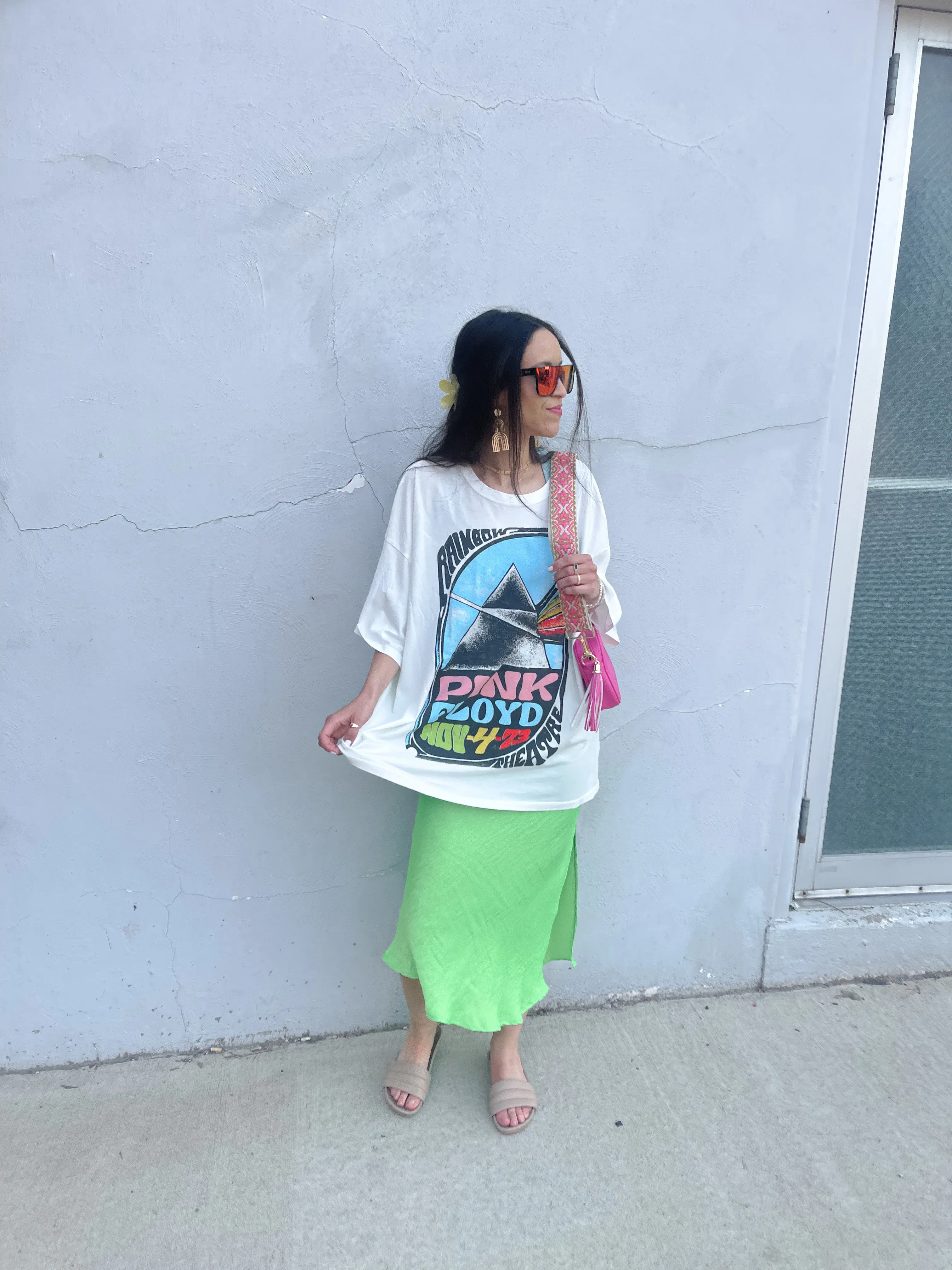 Neon Green Satin Midi Skirt