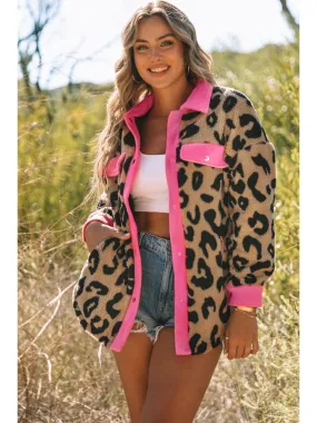 NicholesGifts Women Leopard Contrast Teddy Shacket with Pockets