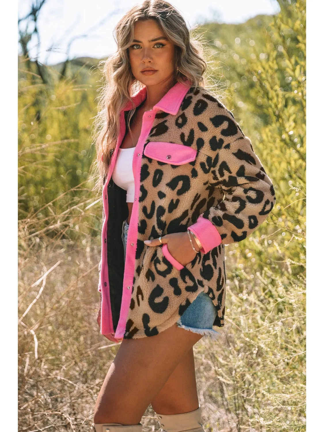 NicholesGifts Women Leopard Contrast Teddy Shacket with Pockets