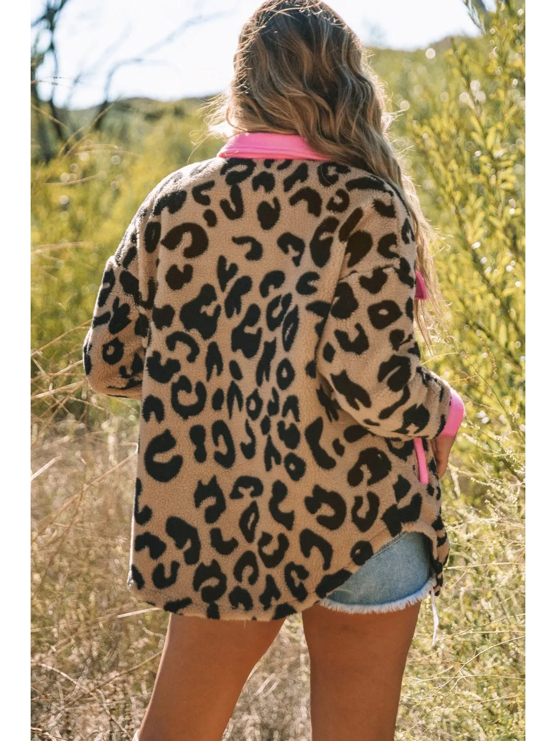 NicholesGifts Women Leopard Contrast Teddy Shacket with Pockets