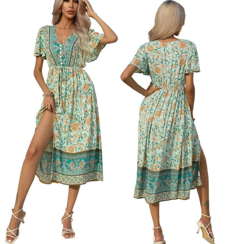 Nsquared Fashion Long Women Dress | Green Butterfly Sleeves V Neck Female Clothing Pink Hollow Out Lace Up Causal Midi Dress Ladies