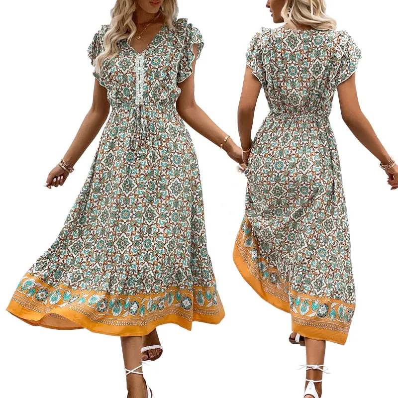 Nsquared Fashion Long Women Dress | Green Butterfly Sleeves V Neck Female Clothing Pink Hollow Out Lace Up Causal Midi Dress Ladies