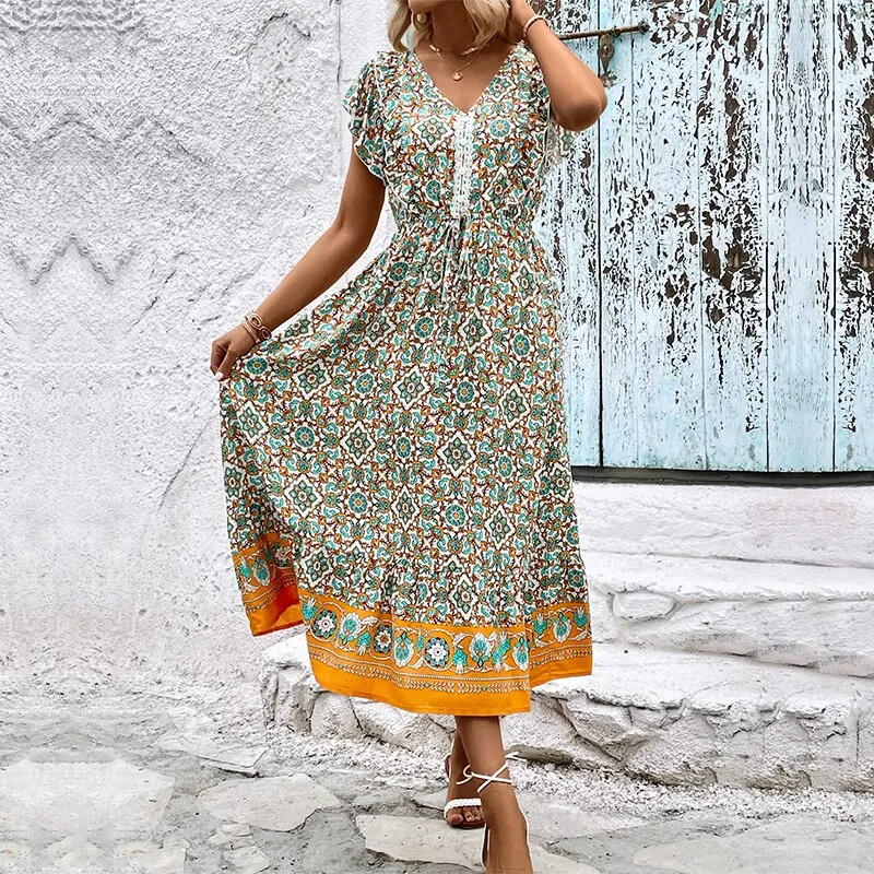 Nsquared Fashion Long Women Dress | Green Butterfly Sleeves V Neck Female Clothing Pink Hollow Out Lace Up Causal Midi Dress Ladies