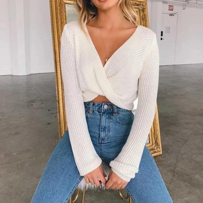 Oversized Knit Twist Knot Cute Crop Top Sweaters For Fall