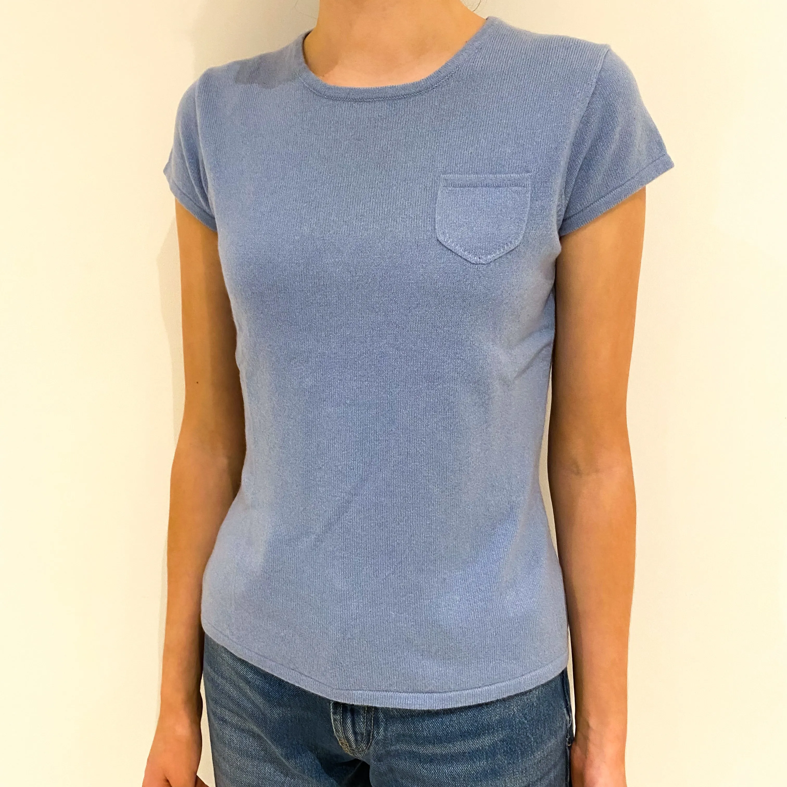 Pale Blue Cashmere Crew Neck Short Sleeved Jumper Extra Small