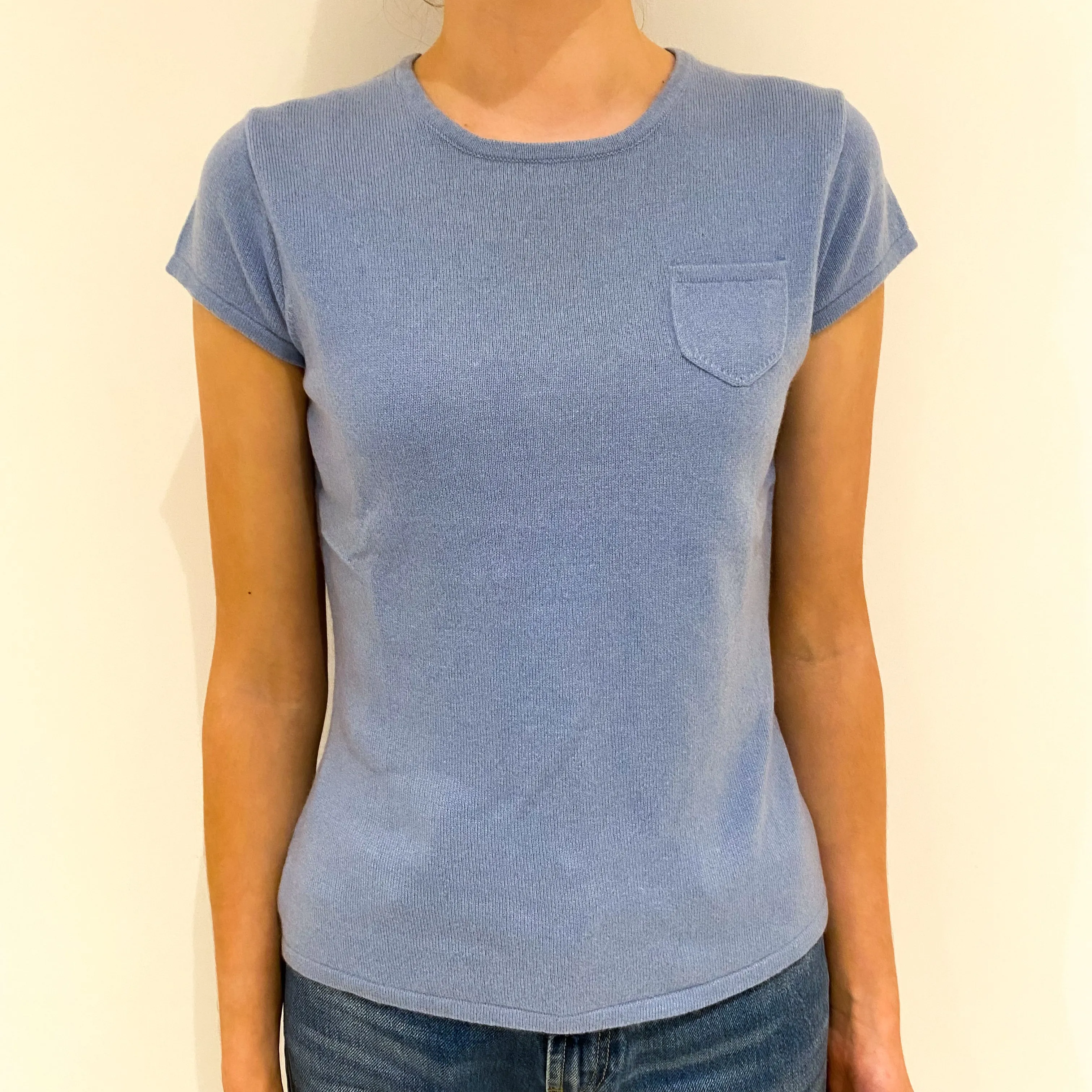 Pale Blue Cashmere Crew Neck Short Sleeved Jumper Extra Small