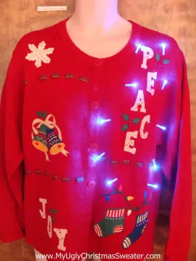 PEACE and JOY Red Light Up Ugly Xmas Sweater