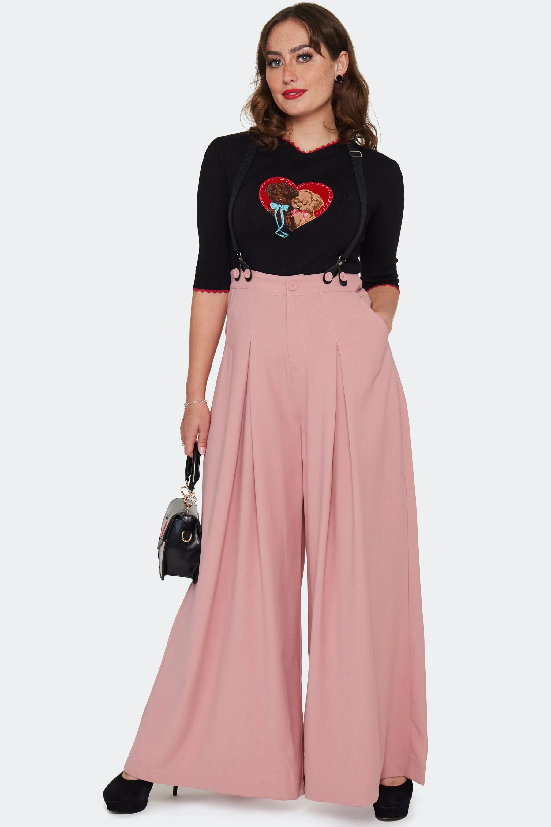 Pink Pleated High Waisted Suspender Pants by Voodoo Vixen
