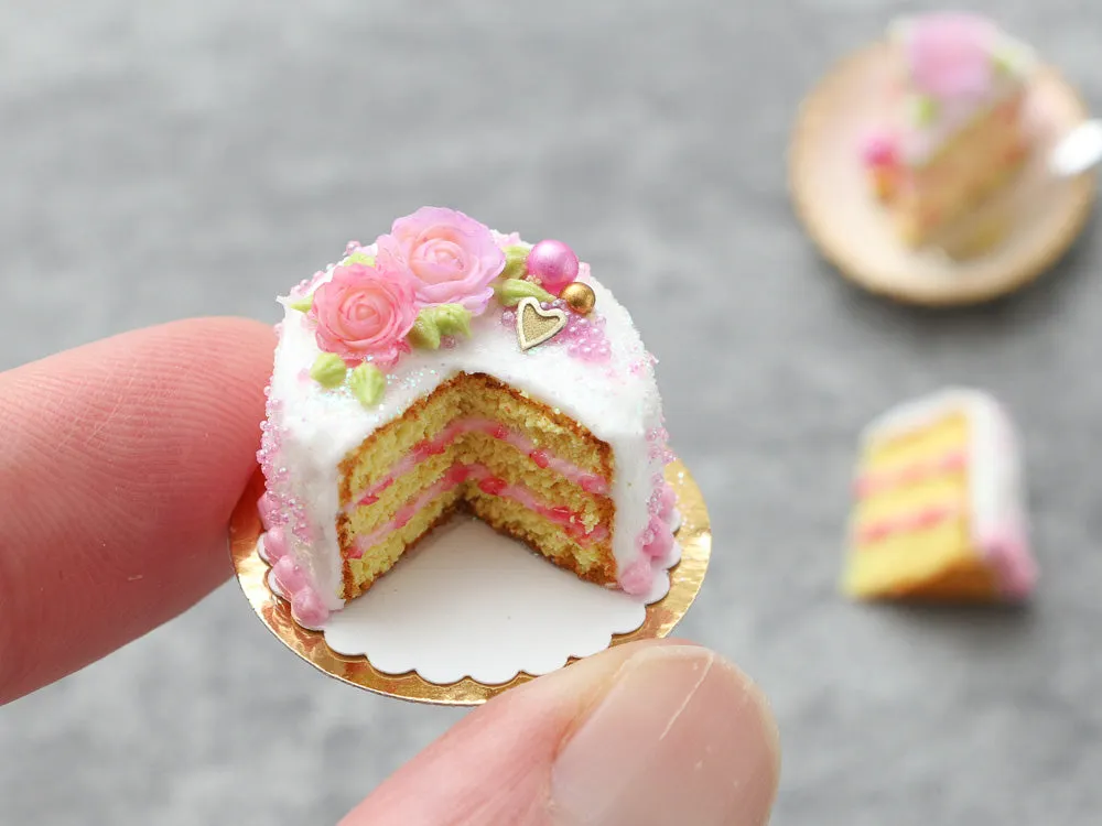 Pink Rose Layer Cake with Slices - Handmade Miniature Dollhouse Food