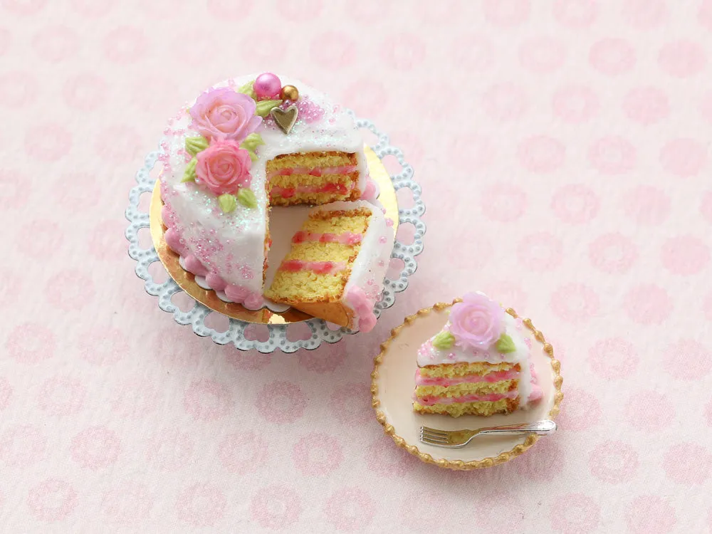Pink Rose Layer Cake with Slices - Handmade Miniature Dollhouse Food