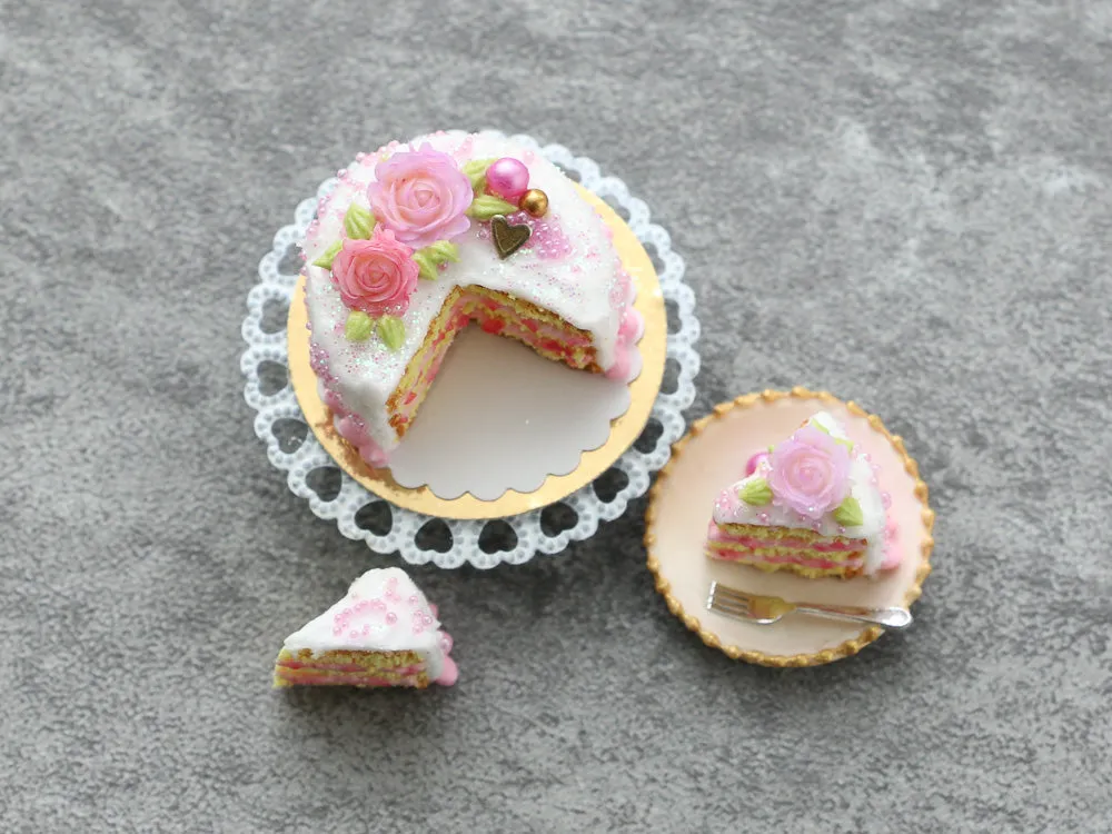 Pink Rose Layer Cake with Slices - Handmade Miniature Dollhouse Food