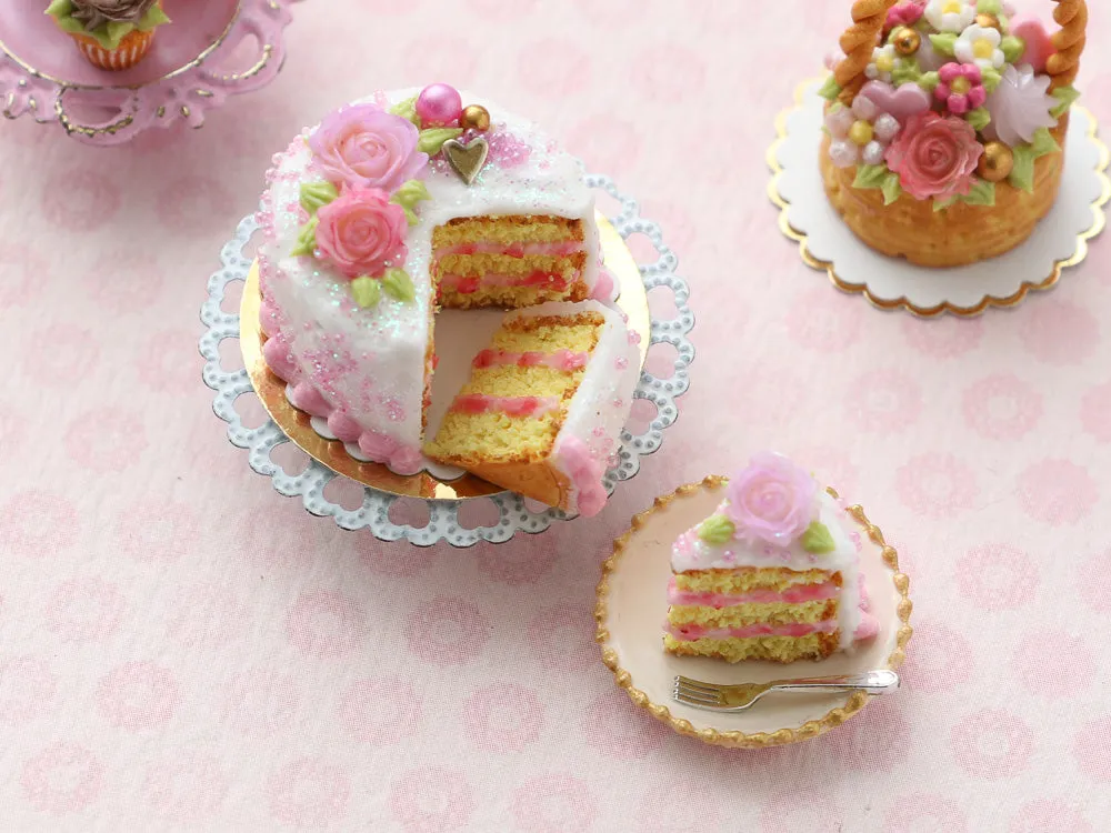 Pink Rose Layer Cake with Slices - Handmade Miniature Dollhouse Food
