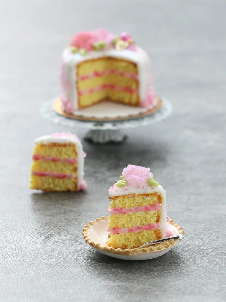 Pink Rose Layer Cake with Slices - Handmade Miniature Dollhouse Food