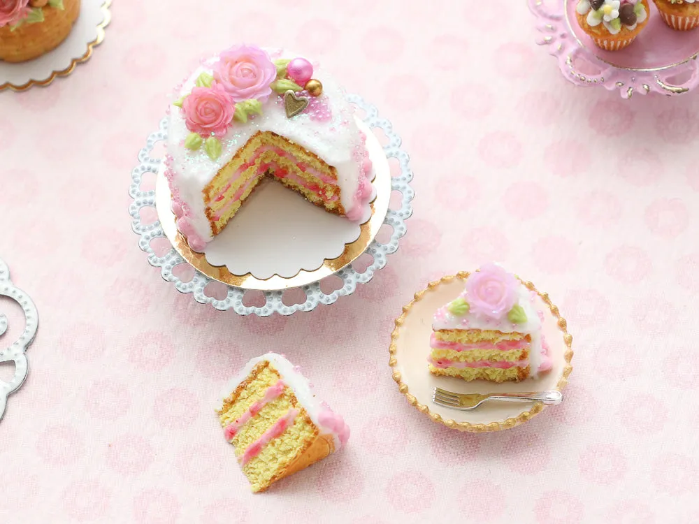 Pink Rose Layer Cake with Slices - Handmade Miniature Dollhouse Food