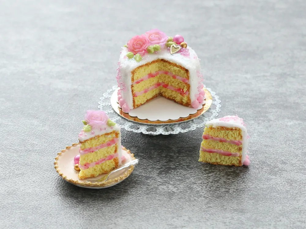 Pink Rose Layer Cake with Slices - Handmade Miniature Dollhouse Food
