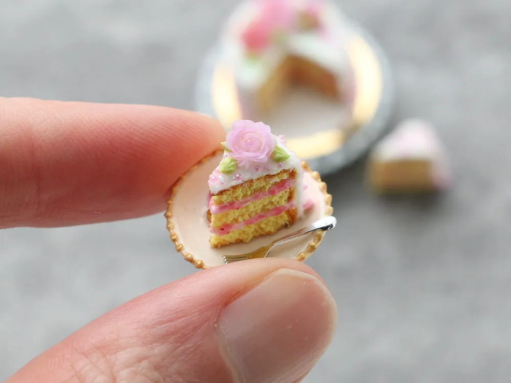 Pink Rose Layer Cake with Slices - Handmade Miniature Dollhouse Food