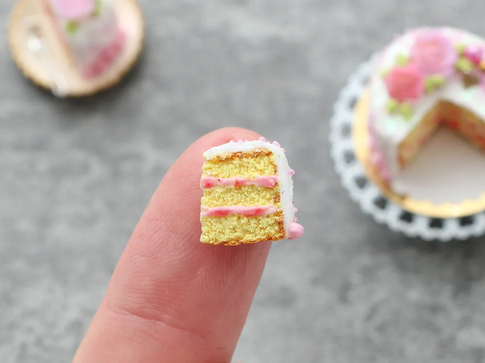 Pink Rose Layer Cake with Slices - Handmade Miniature Dollhouse Food