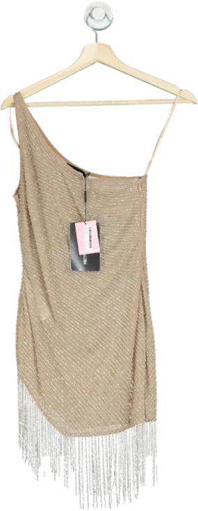PrettyLittleThing Nude Premium Embellished One Shoulder Tassel Hem Bodycon Dress UK 4