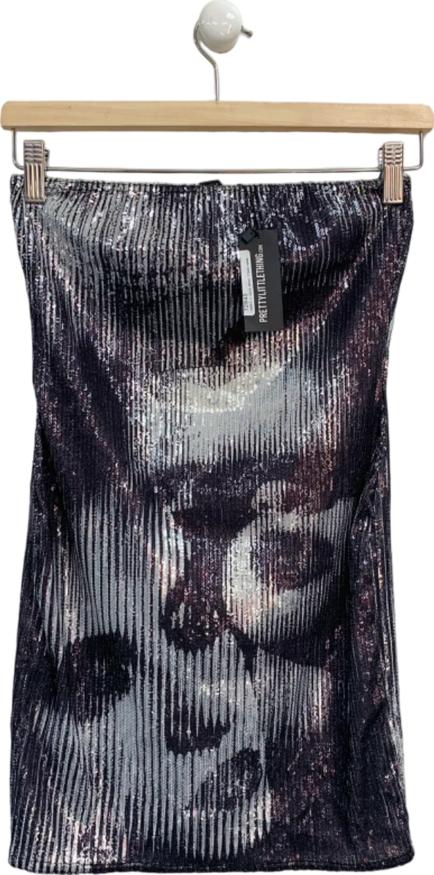 PrettyLittleThing Silver Printed Sequin Glitter Bandeau Bodycon Dress UK 8