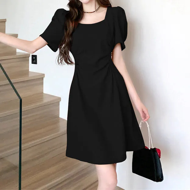 Puff Sleeve Square Neck Pleated Waist Dress
