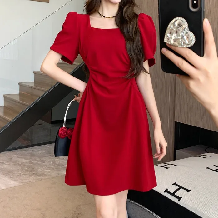 Puff Sleeve Square Neck Pleated Waist Dress