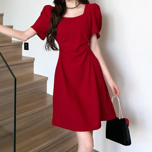 Puff Sleeve Square Neck Pleated Waist Dress