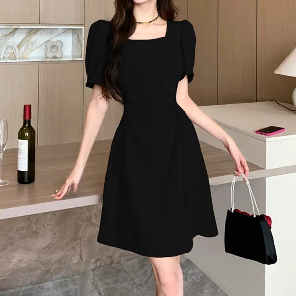 Puff Sleeve Square Neck Pleated Waist Dress