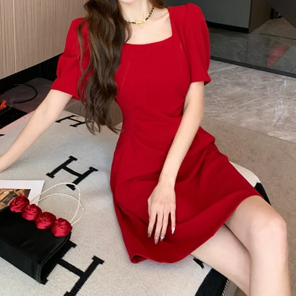 Puff Sleeve Square Neck Pleated Waist Dress