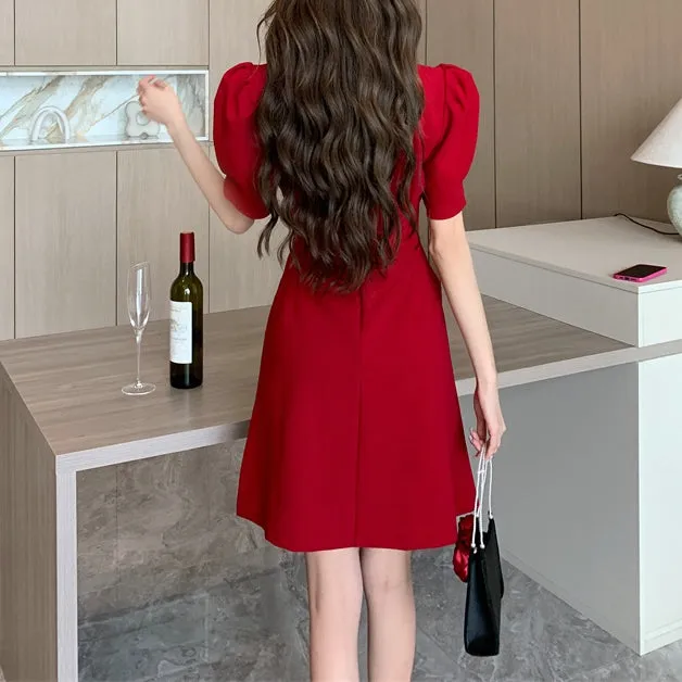 Puff Sleeve Square Neck Pleated Waist Dress