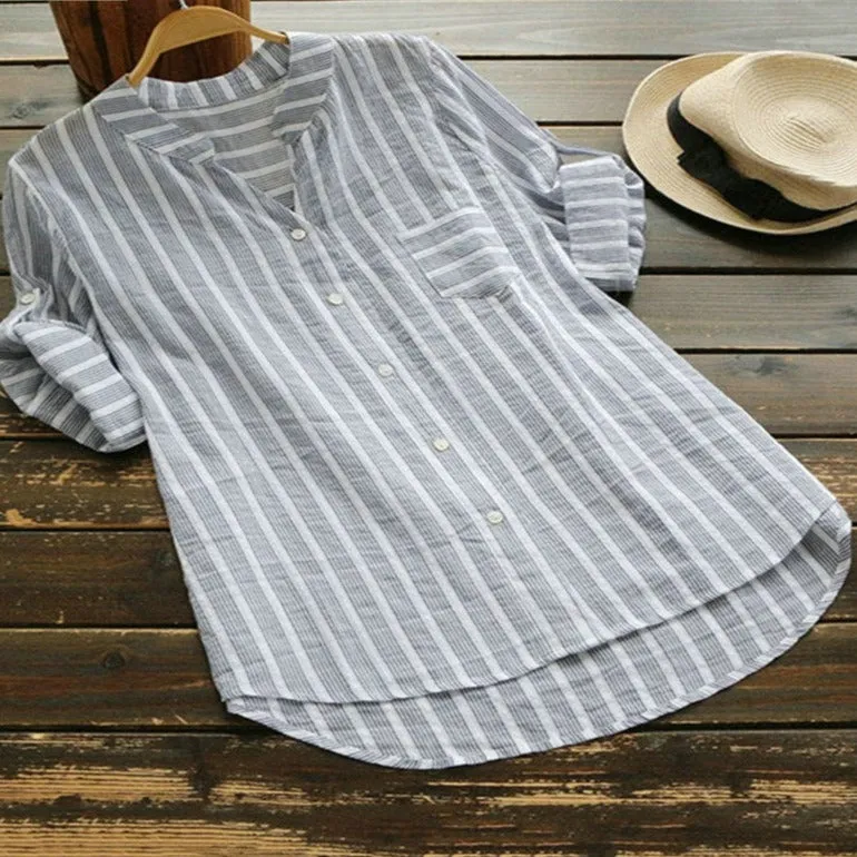 Purpdrank - Summer Elegant Shirt Women Cotton Linen Top Long Sleeve All Size Lady Blouses Striped Classic Shirts White Blouse S-5XL