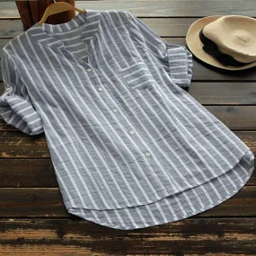 Purpdrank - Summer Elegant Shirt Women Cotton Linen Top Long Sleeve All Size Lady Blouses Striped Classic Shirts White Blouse S-5XL