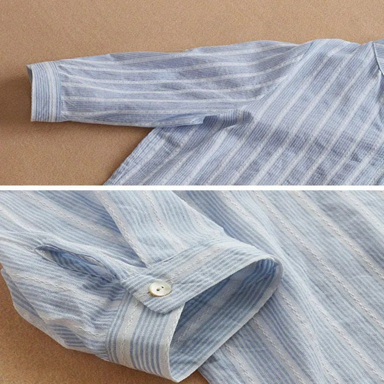Purpdrank - Summer Elegant Shirt Women Cotton Linen Top Long Sleeve All Size Lady Blouses Striped Classic Shirts White Blouse S-5XL