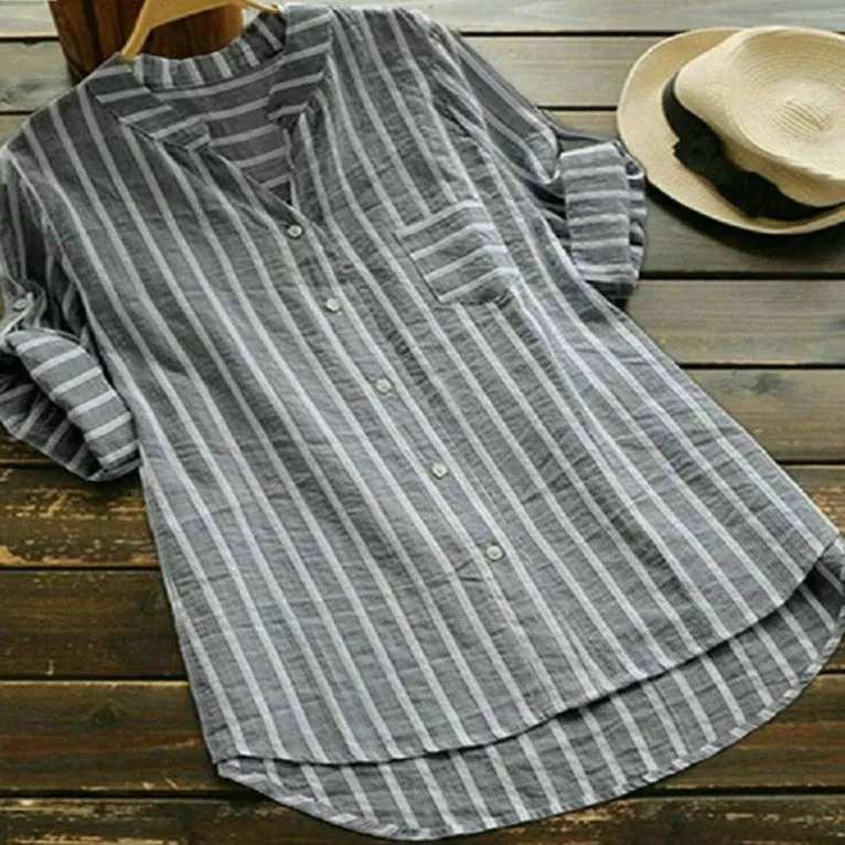 Purpdrank - Summer Elegant Shirt Women Cotton Linen Top Long Sleeve All Size Lady Blouses Striped Classic Shirts White Blouse S-5XL
