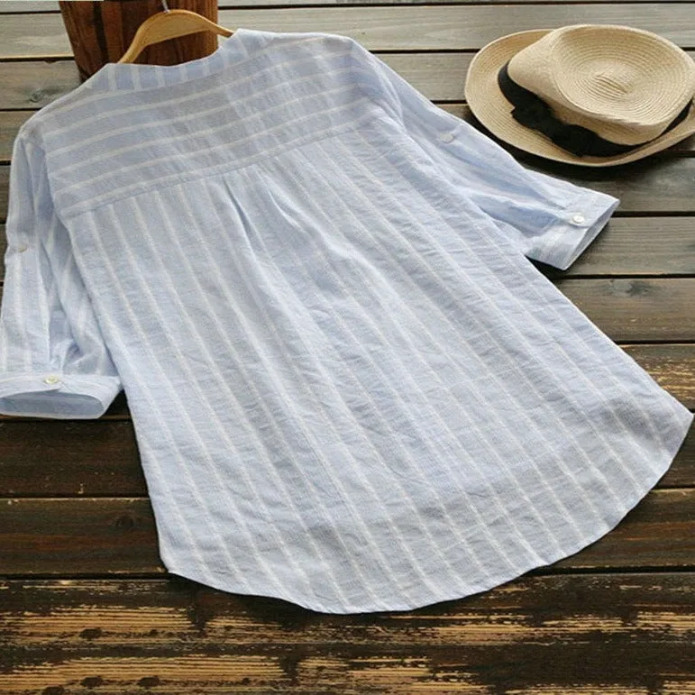 Purpdrank - Summer Elegant Shirt Women Cotton Linen Top Long Sleeve All Size Lady Blouses Striped Classic Shirts White Blouse S-5XL