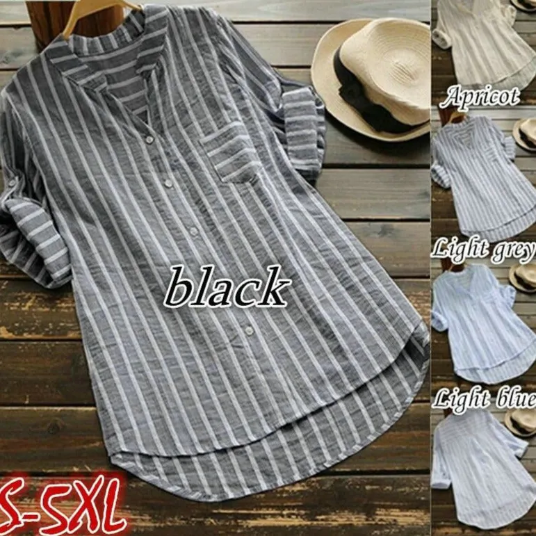 Purpdrank - Summer Elegant Shirt Women Cotton Linen Top Long Sleeve All Size Lady Blouses Striped Classic Shirts White Blouse S-5XL