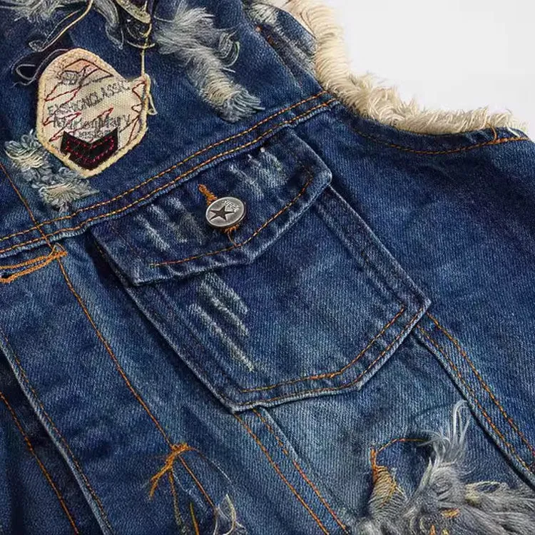 Retro Dark Blue Ripped Denim Vest