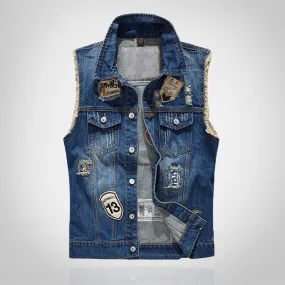 Retro Dark Blue Ripped Denim Vest