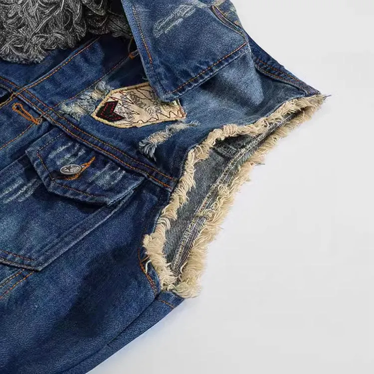 Retro Dark Blue Ripped Denim Vest