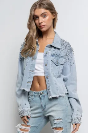 Rhinestone Embellished Cropped Denim Jacket