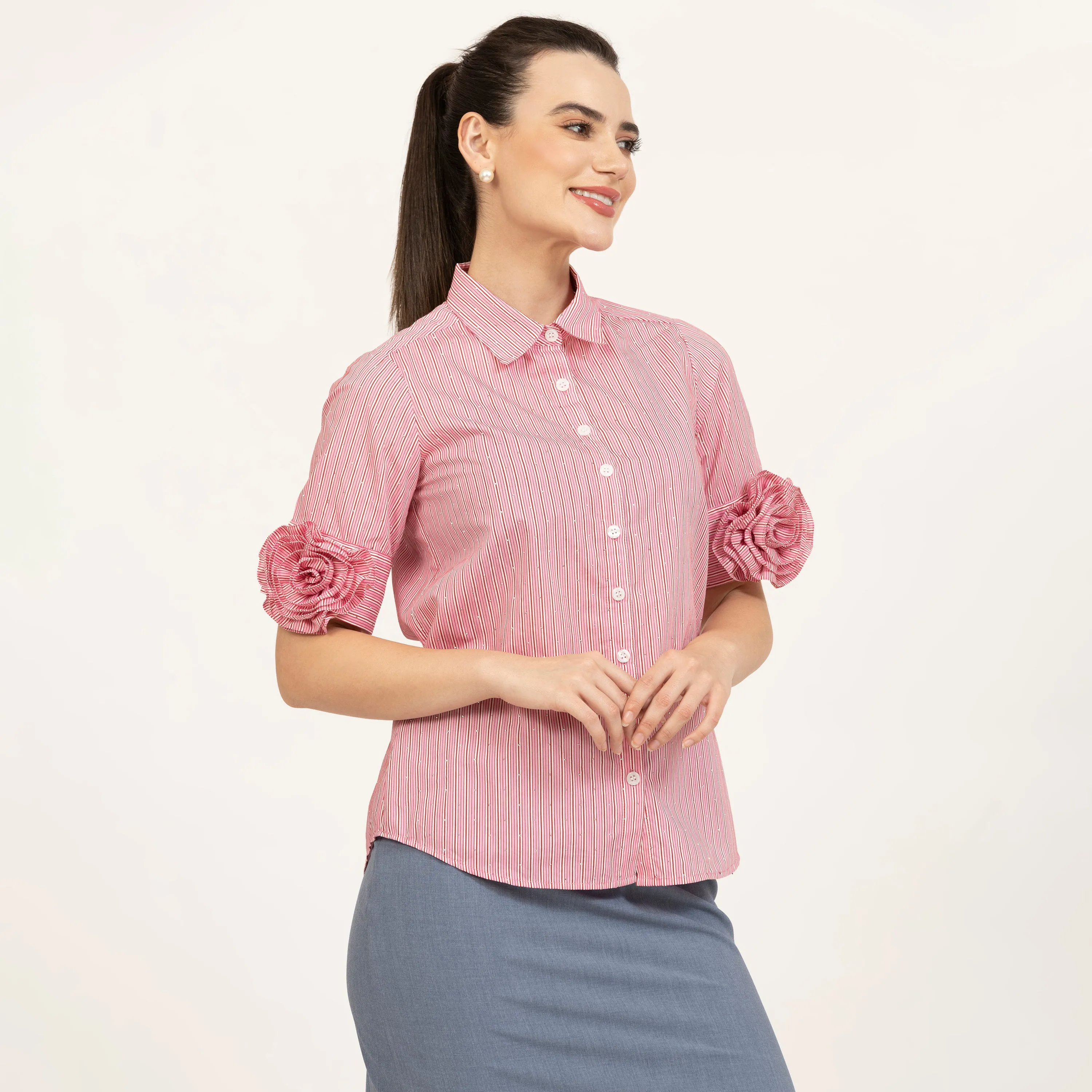 Rose Embroidered Pink Striped Shirt With Silver Studs