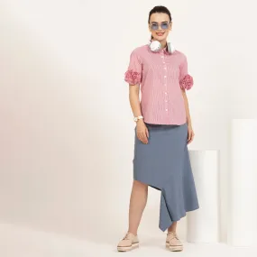 Rose Embroidered Pink Striped Shirt With Silver Studs