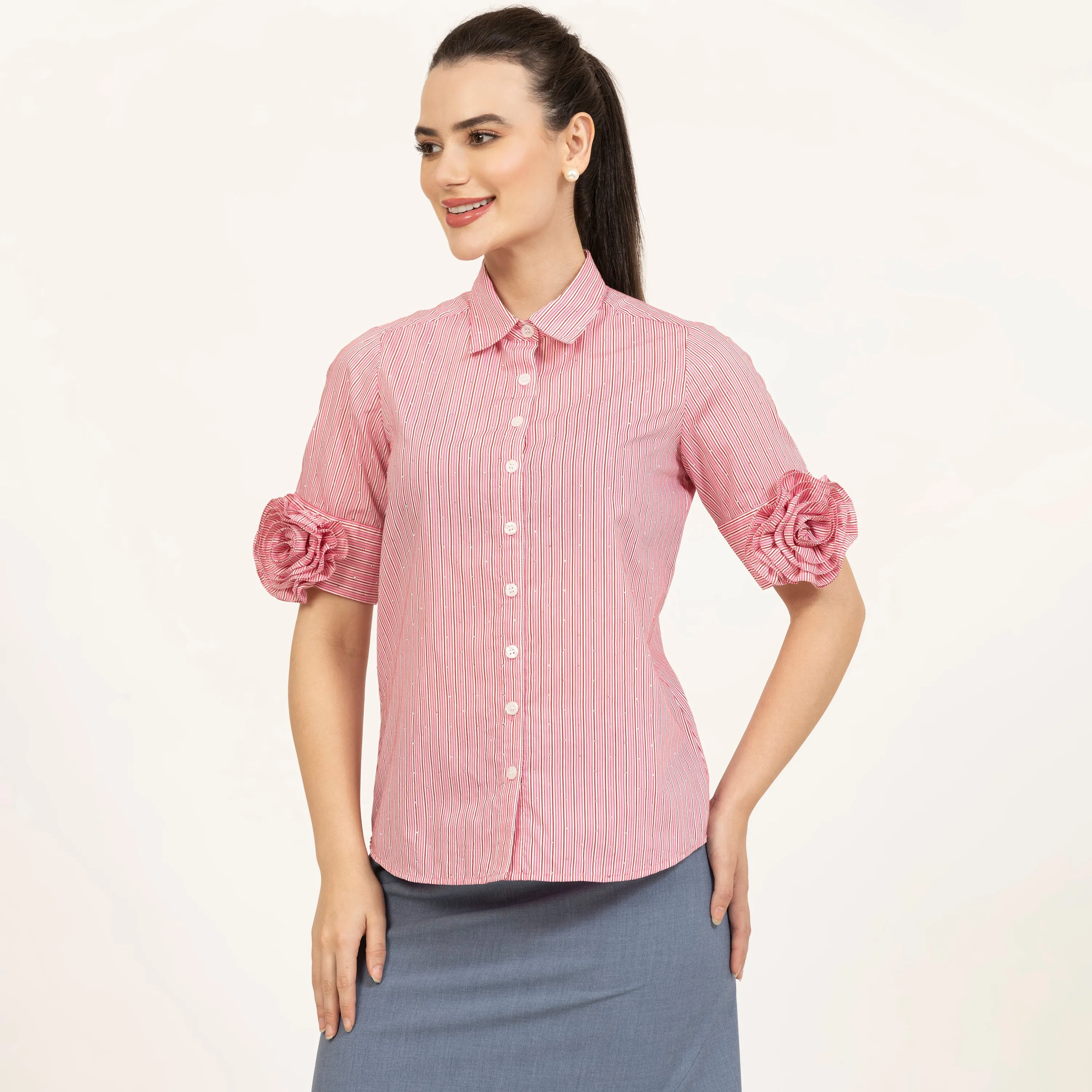Rose Embroidered Pink Striped Shirt With Silver Studs