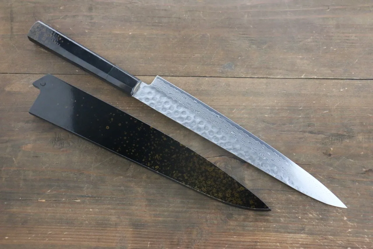 Sakai Takayuki AUS-10 45 Layer Damascus Hammered Sujihiki Japanese Chef Knife 240mm Gold Dots Lacquered Handle With Saya