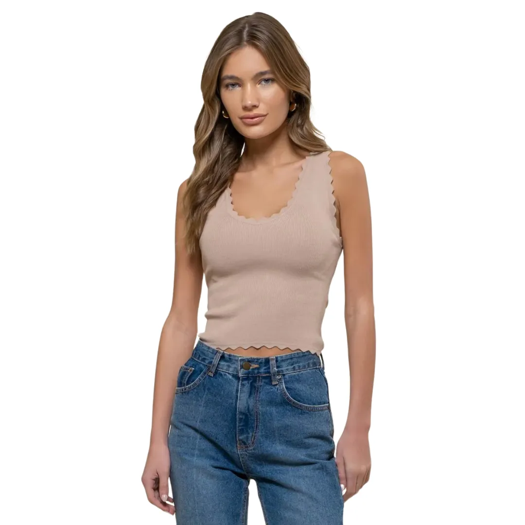 Scallop Edge Sleeveless Sweater Knit Crop Top