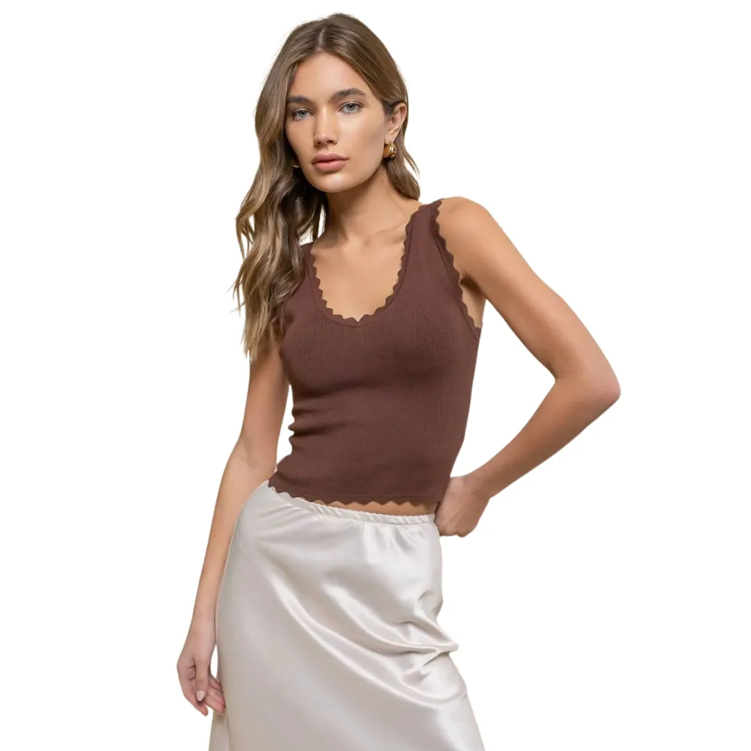 Scallop Edge Sleeveless Sweater Knit Crop Top