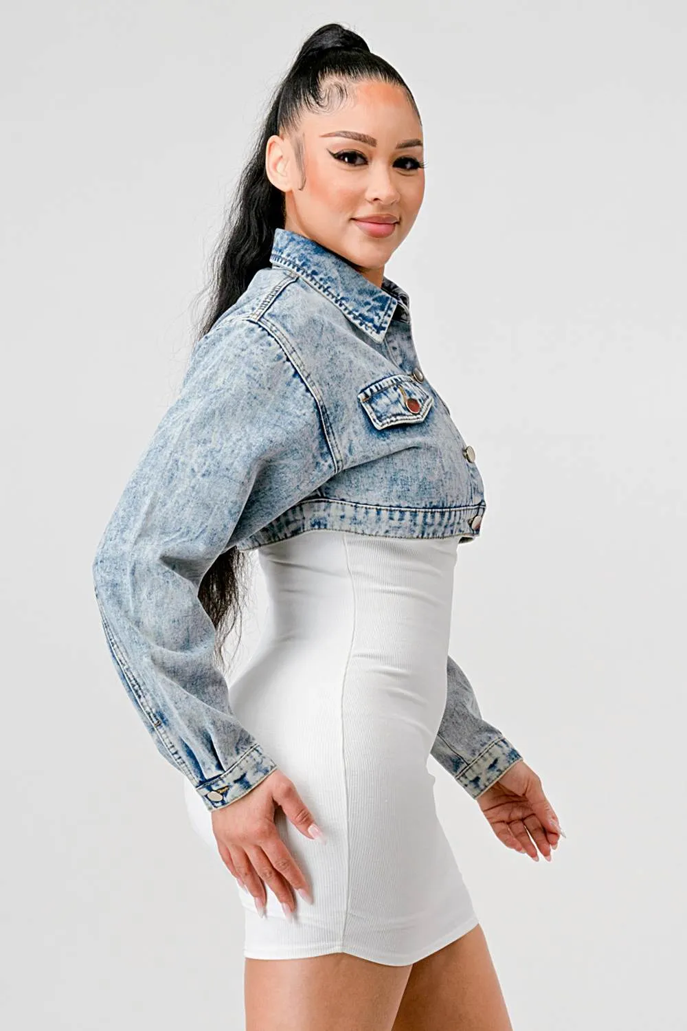 SEXY DENIM COLLARED BUTTON DOWN CROPPED JACKET