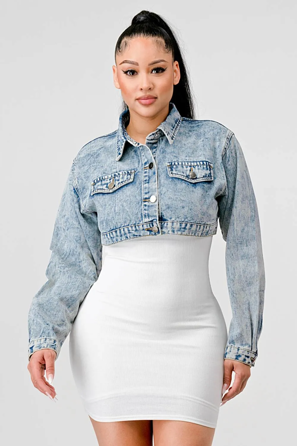 SEXY DENIM COLLARED BUTTON DOWN CROPPED JACKET