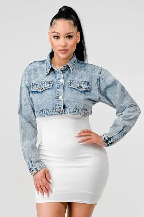SEXY DENIM COLLARED BUTTON DOWN CROPPED JACKET